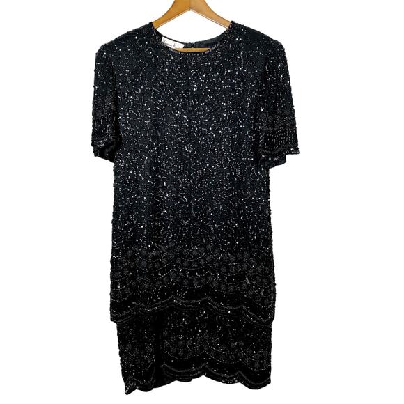 Vintage Lawrence Kazar Beaded Tiered Shift Dress Short Sleeve Heavy - L - Picture 2 of 4
